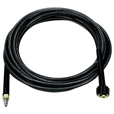 Un long tuyau de haute pression noir avec des raccords métalliques et en plastique à ses extrémités, probablement destiné aux systèmes de distribution d'eau sous pression.