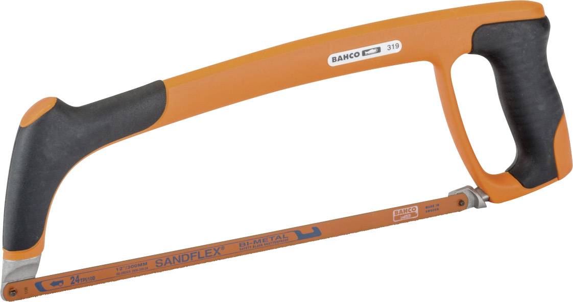 Une scie métallique orange avec une poignée noire. Sur la lame, on peut lire 'SAND FLEX', adaptée pour l'usinage des métaux.