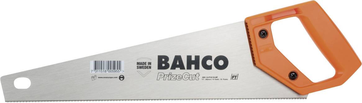 Une scie à archet avec une poignée orange et l'inscription 'BAHCO Prize Cut' sur la lame de scie.