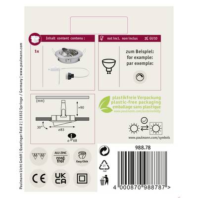 Spot LED encastrable GU10, illustré avec un culot de lampe, un schéma de montage et une indication de durabilité 'emballage sans plastique'.