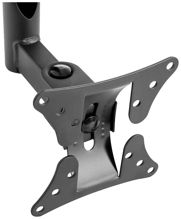 Un support de moniteur noir et réglable avec fixation VESA. Il dispose de quatre points de fixation et permet un positionnement flexible.