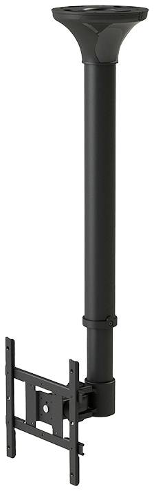 Support de plafond noir pour TV avec bras long et fixation compatible VESA, offrant une solution de montage stable et ajustable.