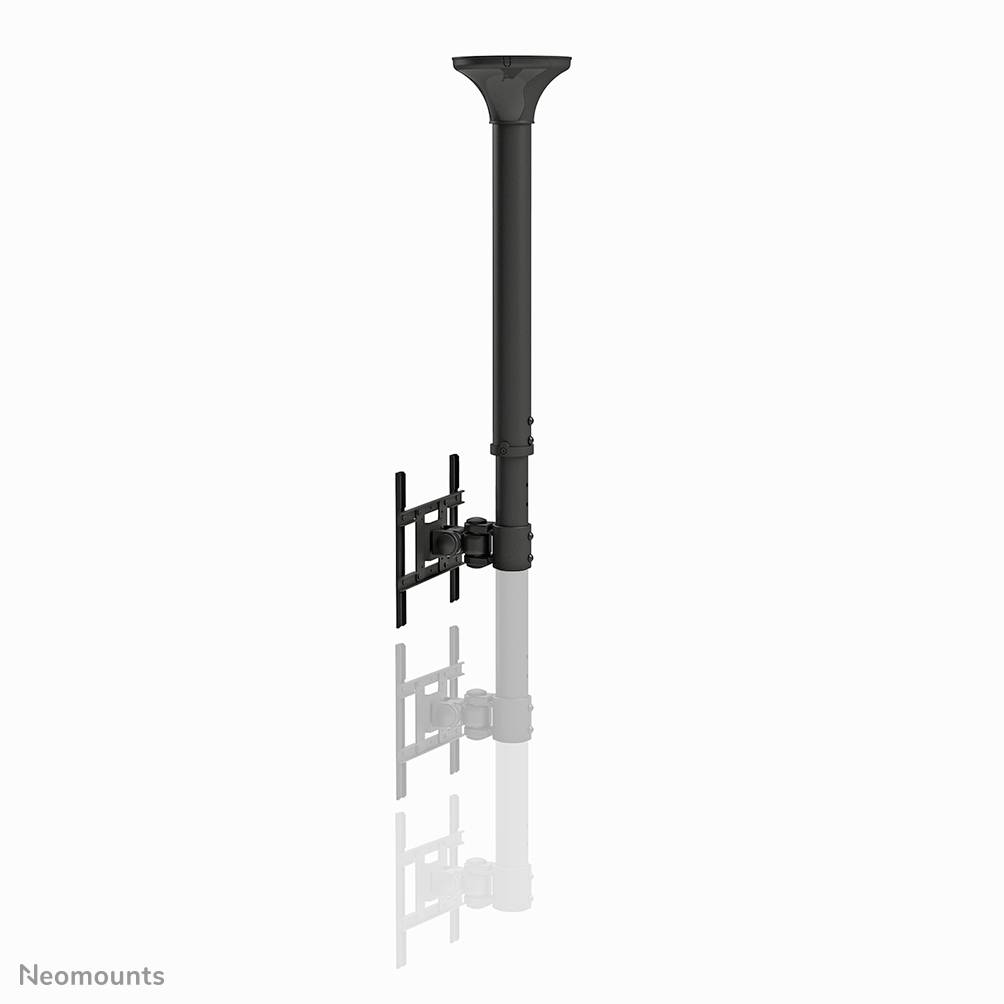 Support de plafond noir pour projecteur, tige cylindrique, avec articulation réglable, sur fond blanc.