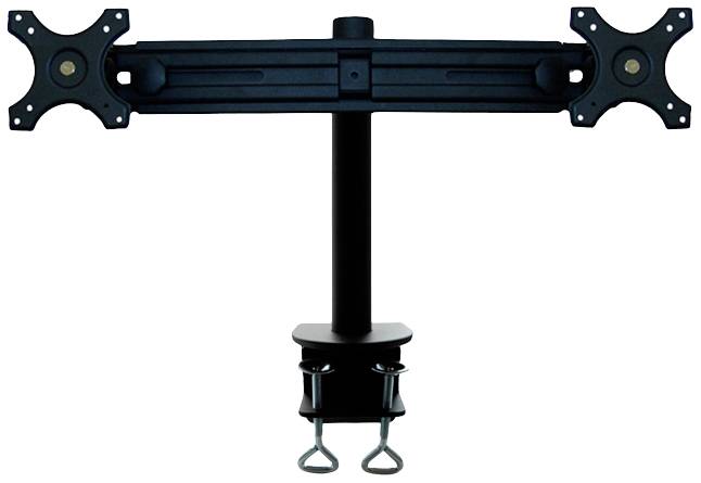 Support de moniteur double noir avec supports VESA, réglable, à fixer sur des bureaux pour une meilleure ergonomie et un gain d'espace.
