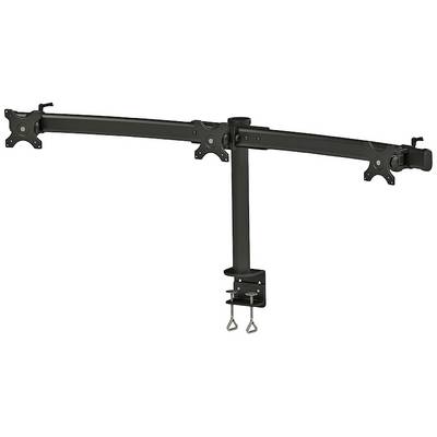 Un double bras de moniteur en métal noir pour fixation sur un bureau, doté de deux bras pivotants pour un ajustement flexible.