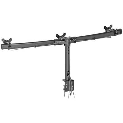 Support de moniteur noir à trois bras pour fixation sur un bureau. Système de gestion des câbles intégré.