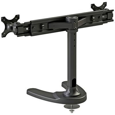 Support de moniteur noir ajustable avec deux supports pour écrans multiples, fixé sur un socle robuste.