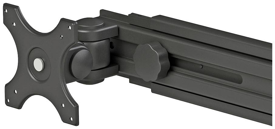 Un support de moniteur noir et personnalisable avec un support VESA coulissant sur un rail, permettant un positionnement flexible de l'écran.