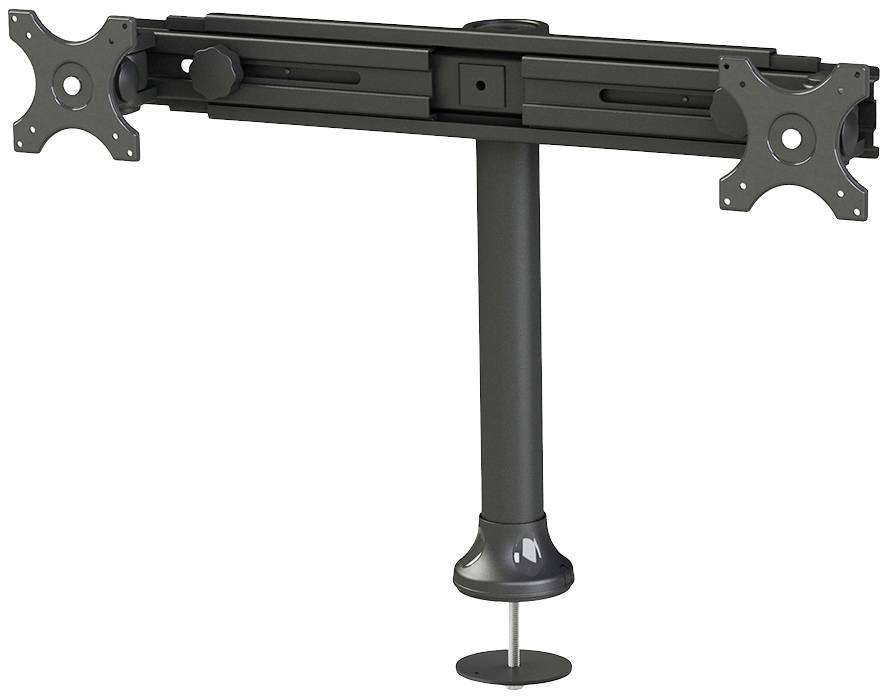 Support de moniteur double en métal avec bras ajustables et vis de fixation. Adapté pour un montage sur bureau.