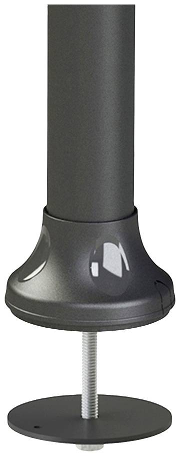 Un pied de table réglable en hauteur avec un tube cylindrique noir, un socle inférieur et une vis de fixation.