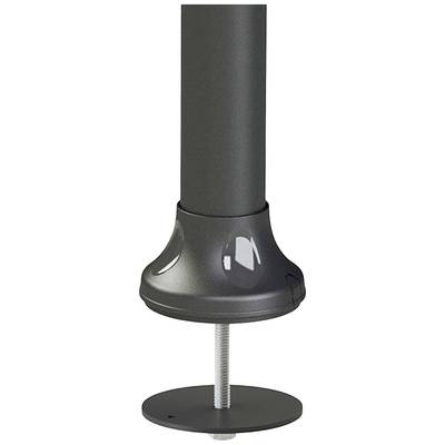 Un pied de table réglable en hauteur avec un tube cylindrique noir, un socle inférieur et une vis de fixation.