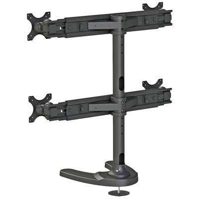 Un support de moniteur double en métal avec des bras ajustables, adapté pour la fixation de deux écrans côte à côte.