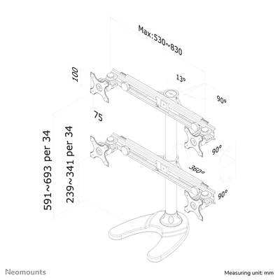 Support de moniteur double avec hauteur réglable de 591-693 et 239-341 mm, largeur maximale de 530-830 mm, inclinaison de 90°, plage de rotation de 360°.