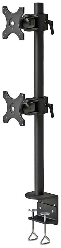 Deux supports de moniteur noirs fixés à une tige verticale, munis de pinces pour être attachés à une table ou un bureau.