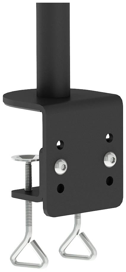 Pince de table noire avec deux vis pour fixation sur le bord de la table, adaptée pour la fixation d'éléments verticaux.