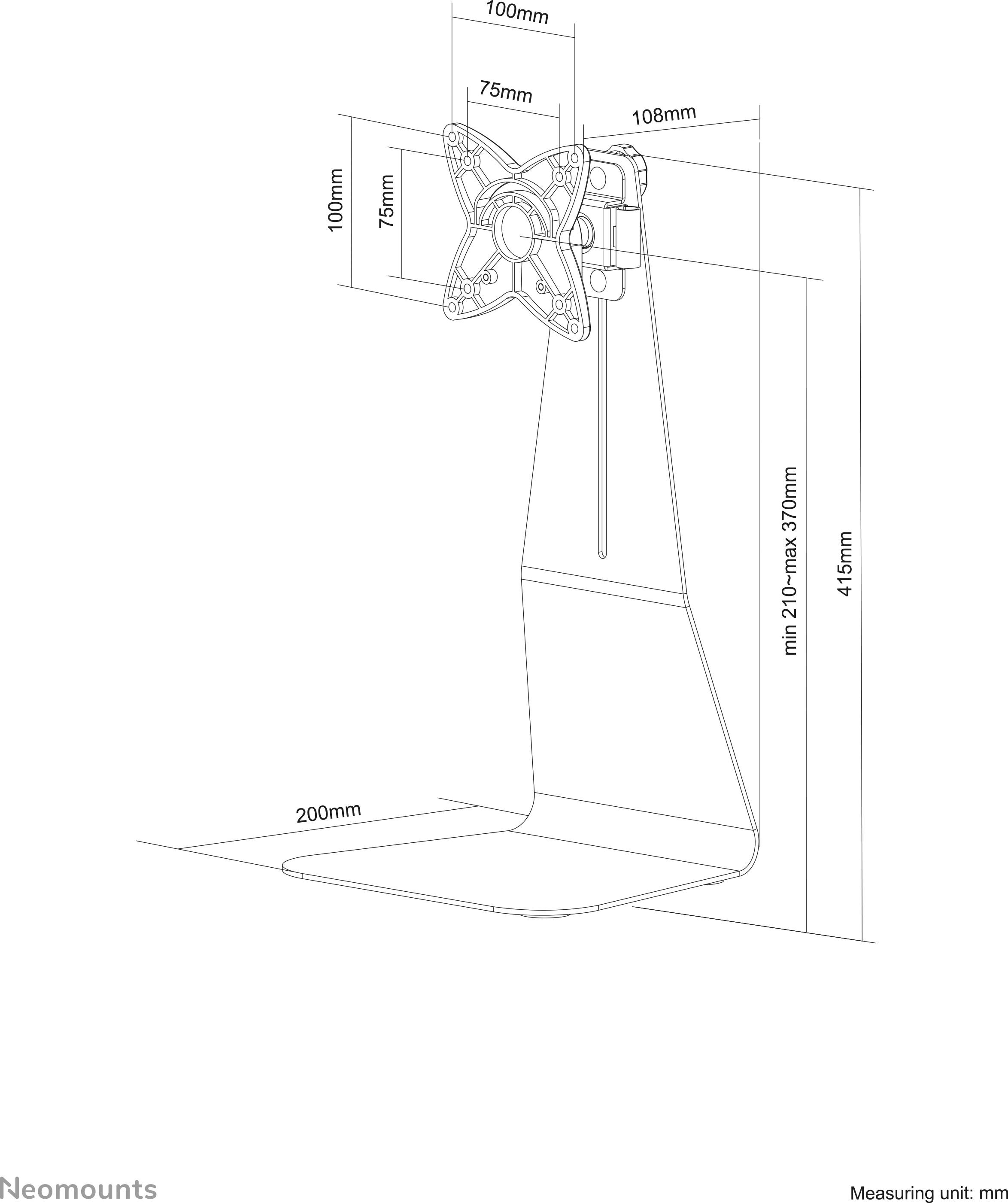 Diagramme d'un support de moniteur avec unités de mesure en millimètres. Hauteur : 415-510, Largeur : 75-108, Profondeur : 200. Montre les points de fixation.
