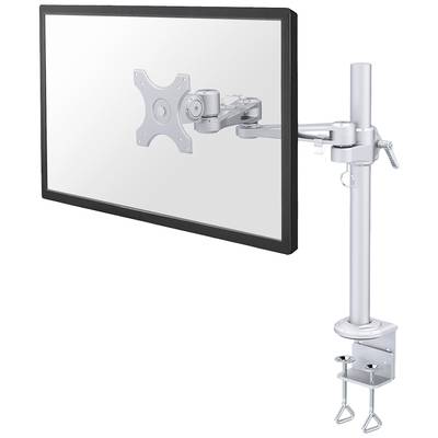 Un bras de moniteur argenté avec support réglable, monté sur le bord d'un bureau. Le moniteur n'est pas inclus.