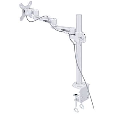 Un bras de moniteur métallique réglable avec gestion des câbles, conçu pour un montage sur bureau. Adapté pour un positionnement ergonomique de l'écran.