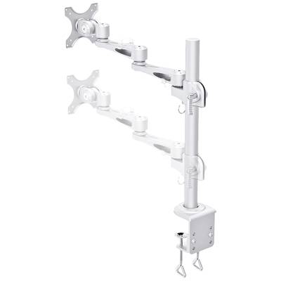 Support de moniteur avec deux bras pivotants, monté sur un tube vertical, équipé d'un système de serrage pour fixation sur un bureau.