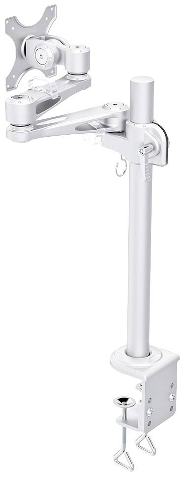 Un bras de moniteur argenté avec pince de fixation pour table. Le bras est réglable dans différentes directions.