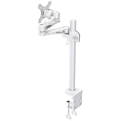 Un bras de moniteur argenté avec pince de fixation pour table. Le bras est réglable dans différentes directions.