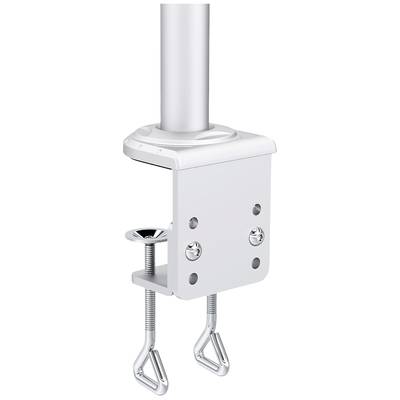 Pince métallique blanche pour fixation sur une table ; une tige est fixée à la pince.