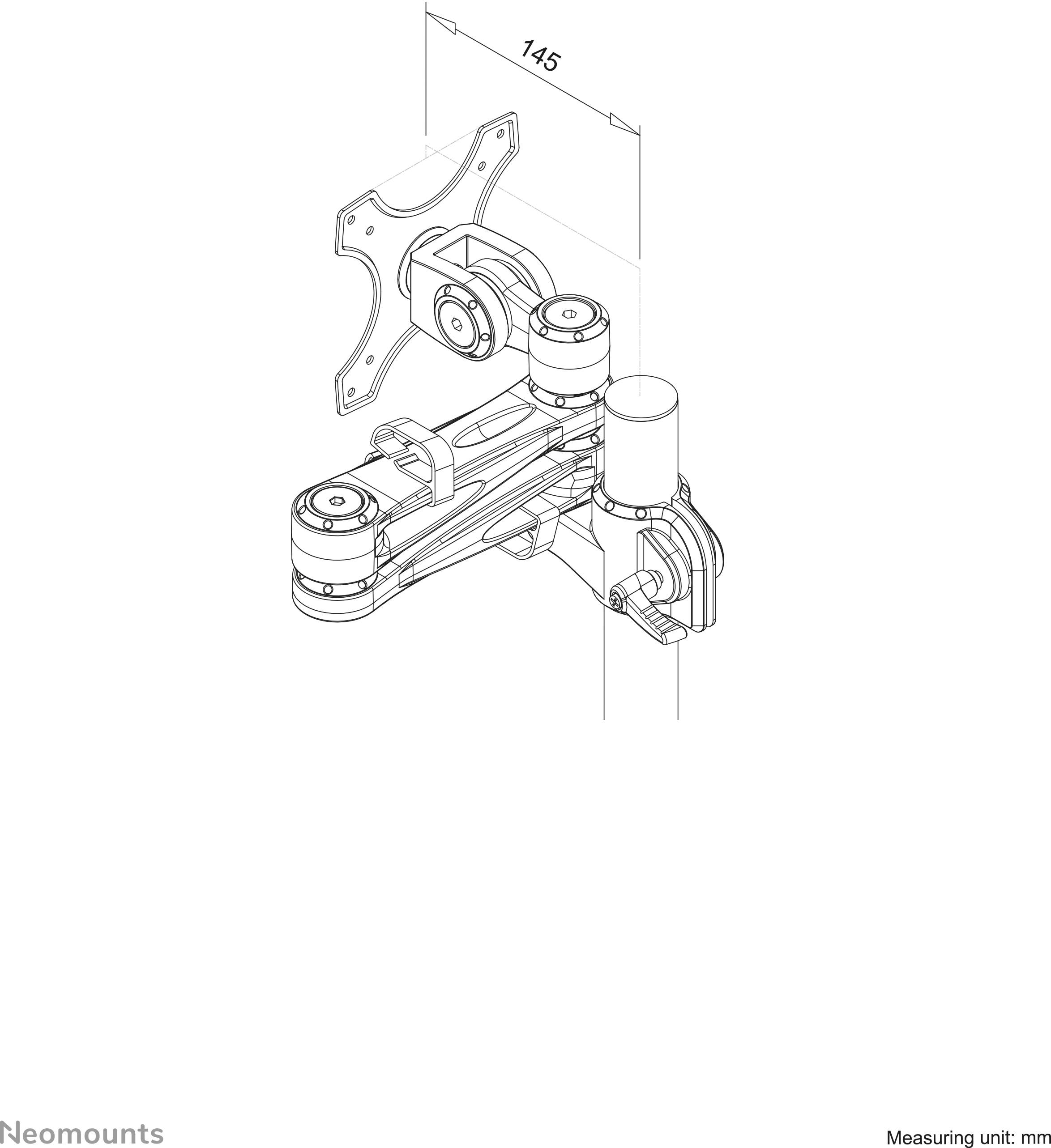 Dessin technique d'un bras de support mural inclinable pour moniteurs, indiquant les dimensions en millimètres avec une largeur de 145 mm.