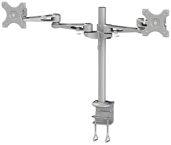 Support de moniteur double en métal, couleur argent, avec des bras réglables et une fixation par pince pour montage sur bureau.