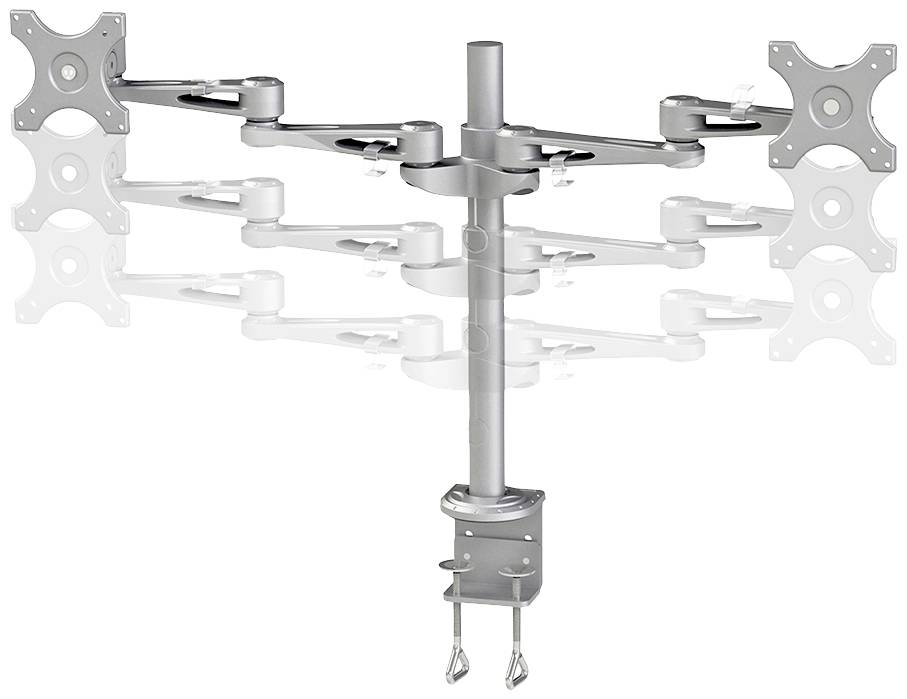 Support de moniteur double en métal avec bras articulés, permettant un positionnement flexible de deux écrans. Fixation par pince à vis.