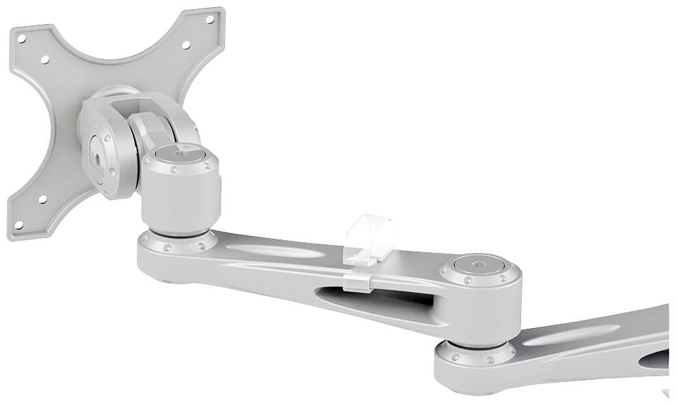 Un bras de moniteur métallique réglable avec des articulations et un support de fixation pour un écran sur un mur.
