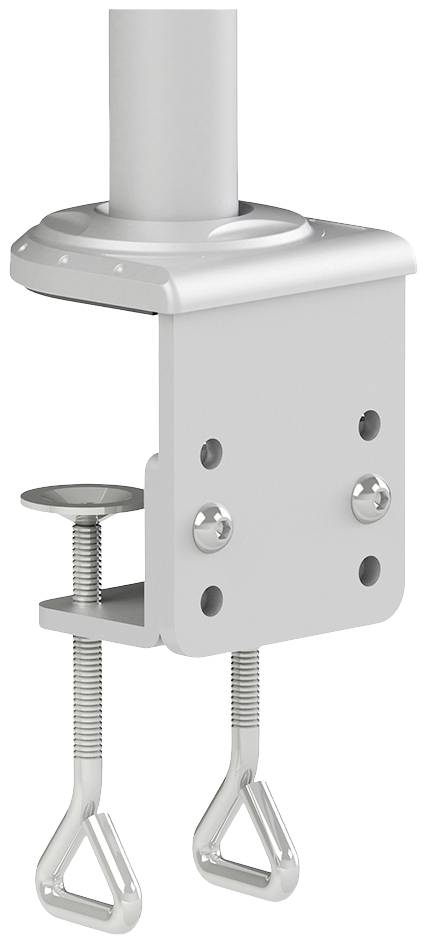 Pince de table grise avec deux vis de fixation ; support de tube en haut. Idéal pour le montage stable d'appareils ronds.