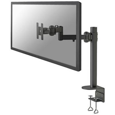 Un bras de moniteur noir articulé, fixé au bord d'une table, supporte un écran. Idéal pour un positionnement flexible de l'écran.