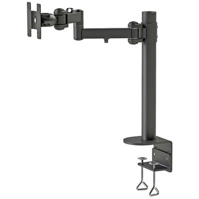 Un bras de moniteur noir à deux articulations, fixé par une pince de bureau.