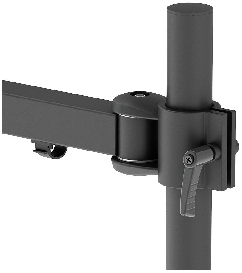 Un articulation de support de moniteur noir et ajustable, montée sur une tige verticale, permet un positionnement flexible de l'écran.