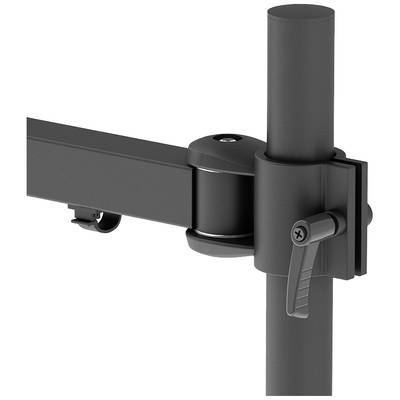 Un articulation de support de moniteur noir et ajustable, montée sur une tige verticale, permet un positionnement flexible de l'écran.