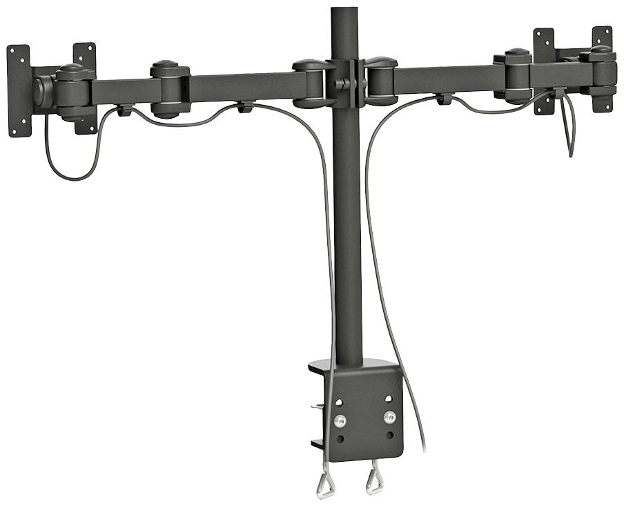 Support de moniteur double en métal, autoportant, avec deux bras et fixation par pince, adapté aux bureaux. Câbles soigneusement acheminés.