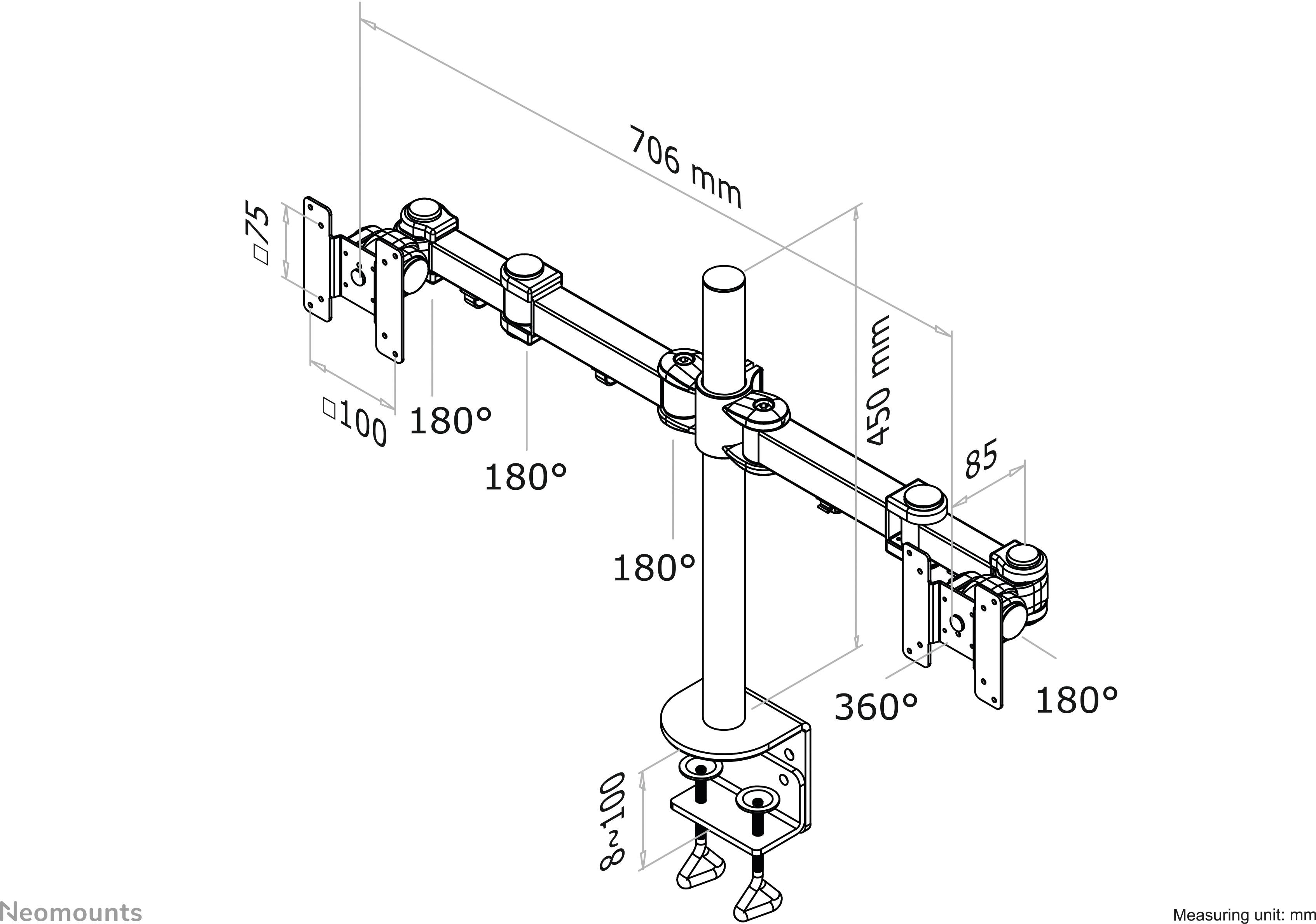 Un dessin technique détaillé d'un bras de moniteur à deux articulations. Le dessin présente les dimensions, les angles et les options de montage.
