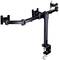 Bras de moniteur noir avec trois supports réglables fixés sur un mât central, adapté pour un montage sur bureau.