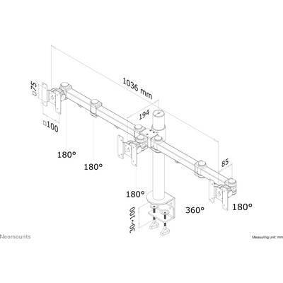 Dessin technique d'un bras de moniteur avec dimensions, angle d'inclinaison de 180° aux articulations, longueur totale de 1036 mm, tube pivotant à 360°.