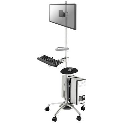 Un bureau d'ordinateur mobile avec moniteur, clavier, souris et support de CPU. Idéal pour les postes de travail mobiles dans les bureaux ou les cliniques.