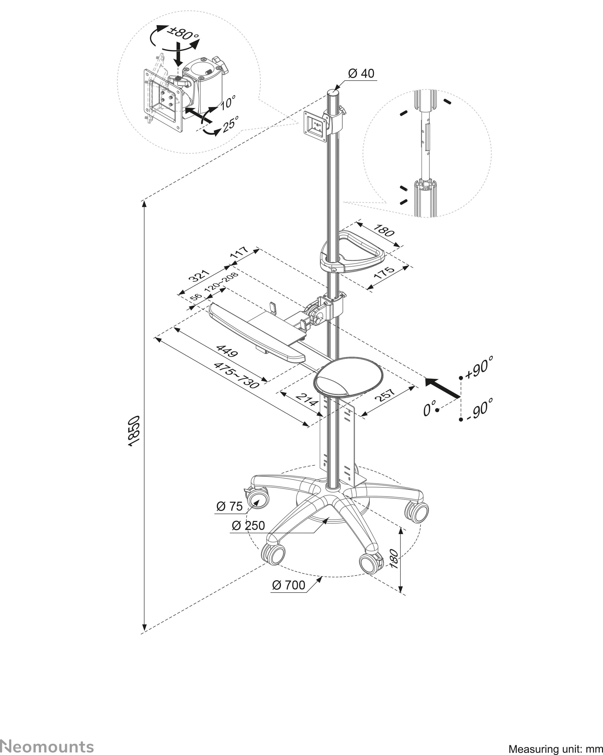Dessin technique d'un support d'écran ajustable avec roulettes. Dimensions indiquées en millimètres. Montre l'angle d'inclinaison et la réglabilité en hauteur.
