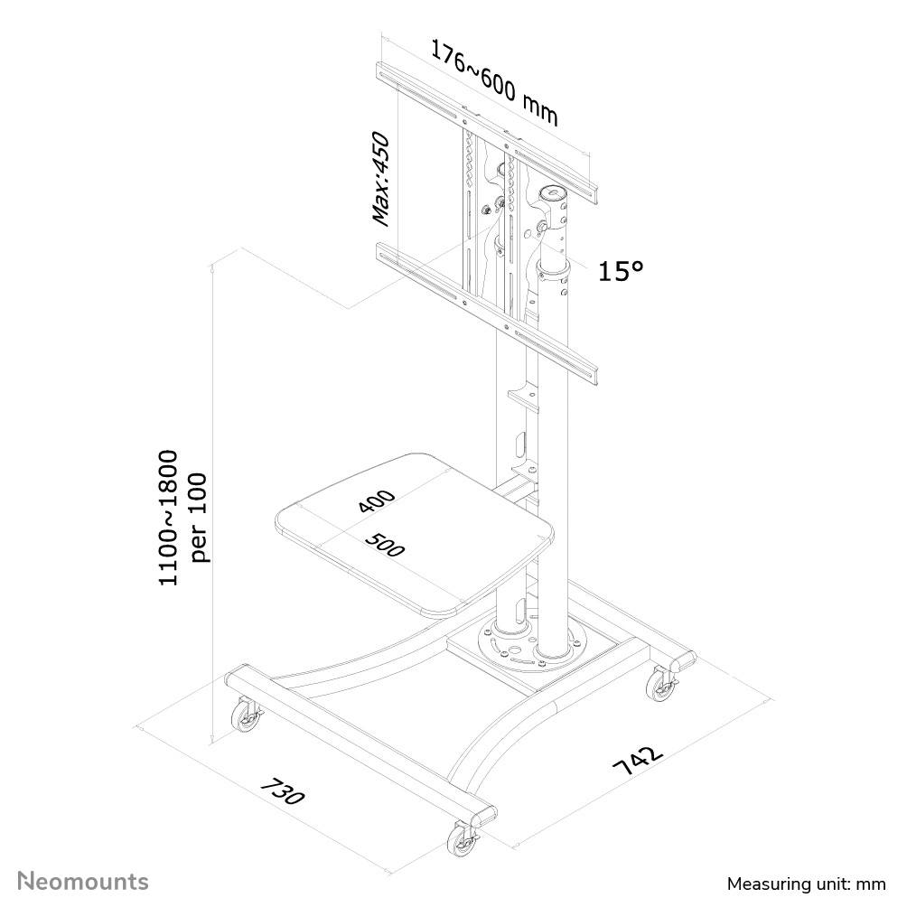 Support mobile pour TV Neomounts, dimensions : hauteur 1100-1800 mm, largeur 730 mm, profondeur 742 mm, taille maximale de TV 1760-600 mm, inclinaison 15 degrés.