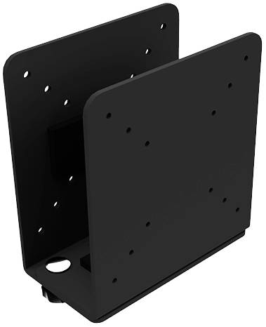 Pièce de support métallique noire rectangulaire avec plusieurs trous de fixation. Adaptée au montage ou au support de structures.