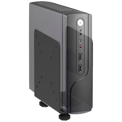 Boîtier d'ordinateur noir au format vertical doté de deux ports USB, de connexions audio et d'un bouton d'alimentation à l'avant.
