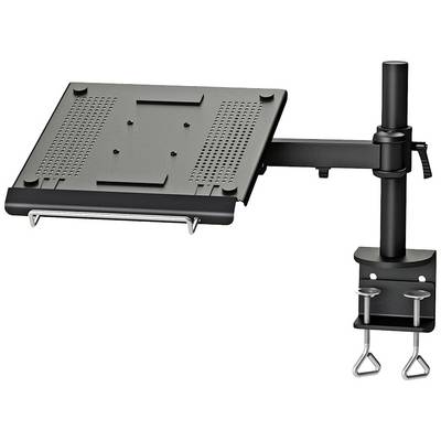Support de portable pour bureau avec bras ajustable et pince de table. Noir, plateau ventilé, adapté au travail ergonomique.