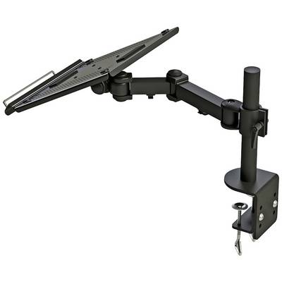 Un support noir et réglable pour ordinateur portable, avec une pince de fixation à la bordure du bureau.