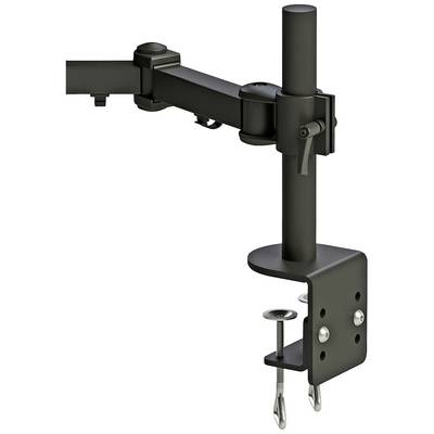 Support de moniteur noir avec pince de fixation pour table. Le support dispose d'un bras ajustable et d'une plaque de montage.