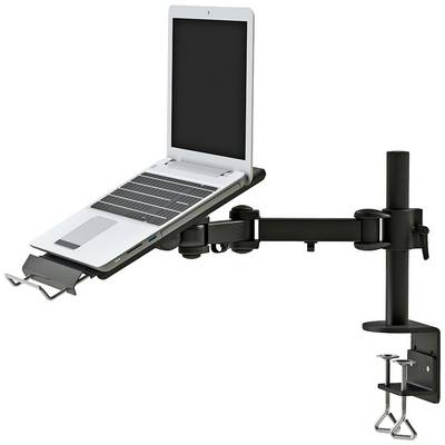 Support de laptop en métal avec bras ajustable et pince de fixation pour table, avec un ordinateur portable positionné dessus.