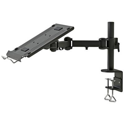 Support de laptop noir réglable avec pince de table, adapté pour un positionnement ergonomique d'un ordinateur portable sur un bureau.