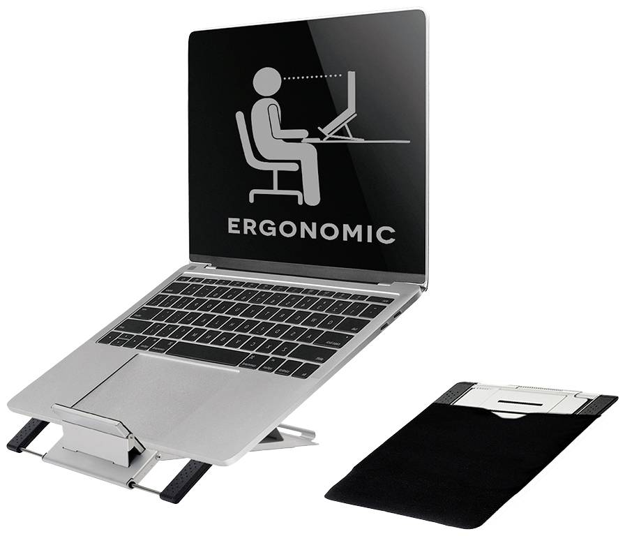 Un ordinateur portable sur un support réglable affiche un symbole ergonomique sur son écran. À côté se trouve une housse de protection.